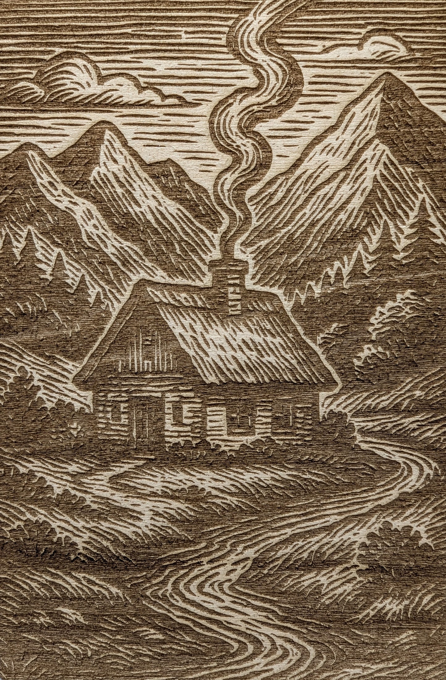 Cottage in the Mountains, Woodcut Engraving