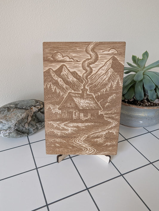 Cottage in the Mountains, Woodcut Engraving