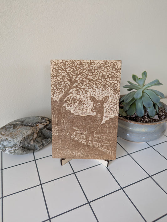Deer with Chery Blossoms, Woodcut Engraving