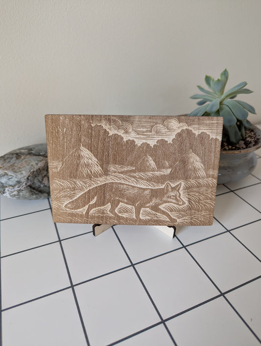 Fox in a Field, Woodcut Engraving