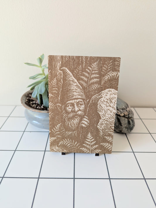 Forest Gnome in Hiding, Woodcut Engraving