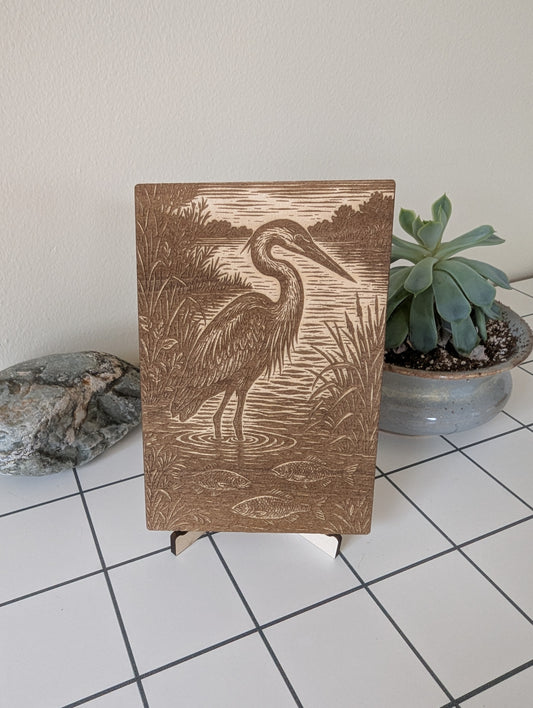 Heron Standing in Water, Woodcut Engraving