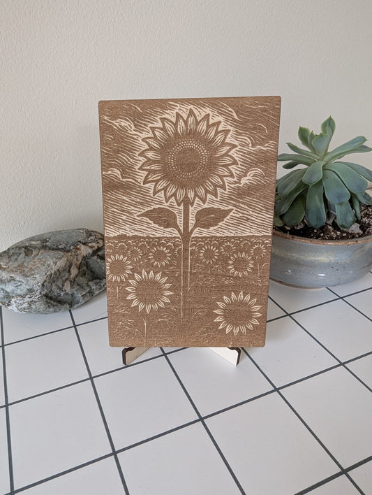 Sunflowers and the Sky, Woodcut Engraving