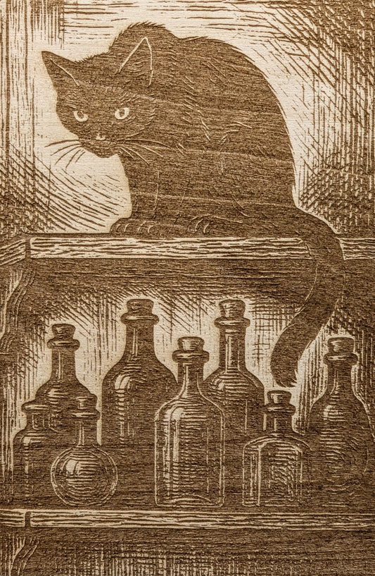 Black Cat on Shelf with Bottles, Woodcut Engraving