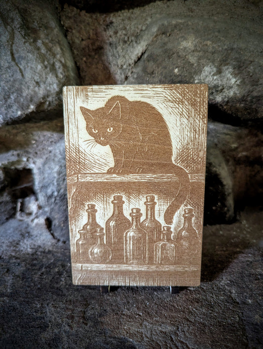 Black Cat on Shelf with Bottles, Woodcut Engraving