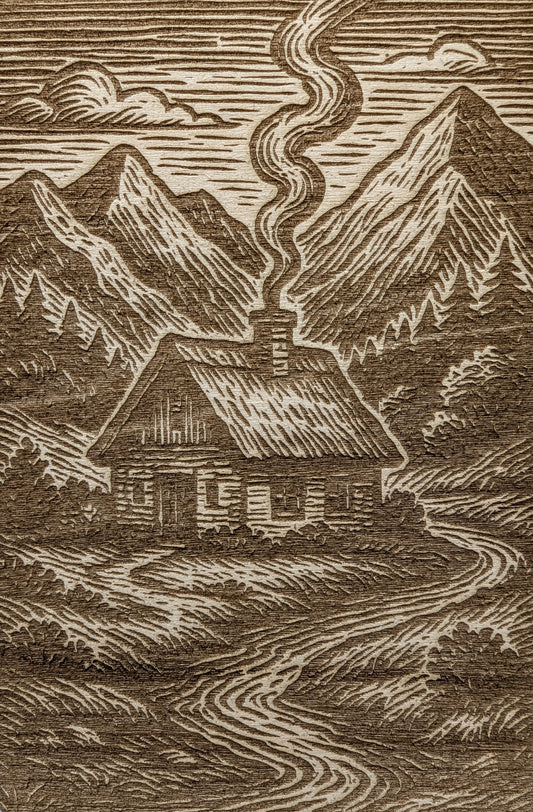 Cottage in the Mountains, Woodcut Engraving