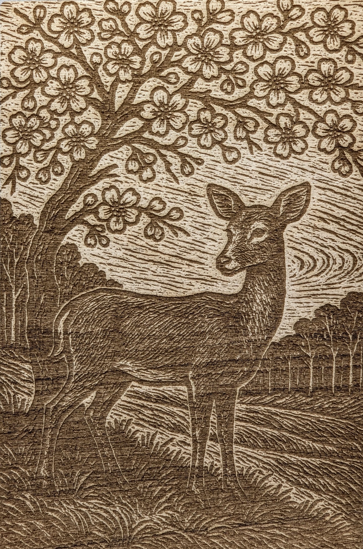 Deer with Chery Blossoms, Woodcut Engraving