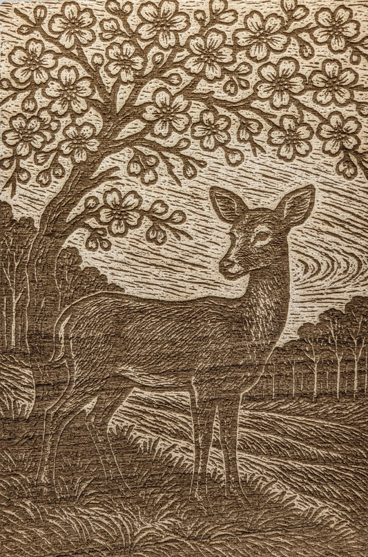 Deer with Chery Blossoms, Woodcut Engraving