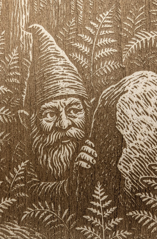 Forest Gnome in Hiding, Woodcut Engraving