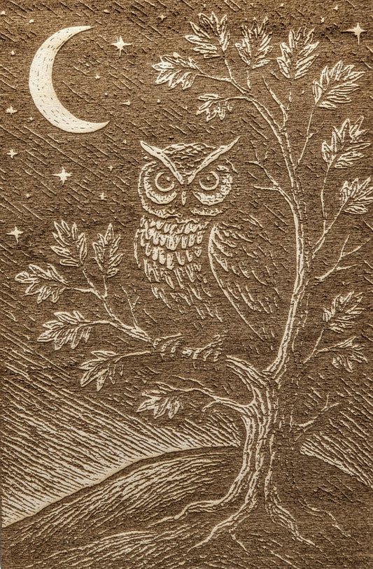 Owl and the Moon, Woodcut Engraving