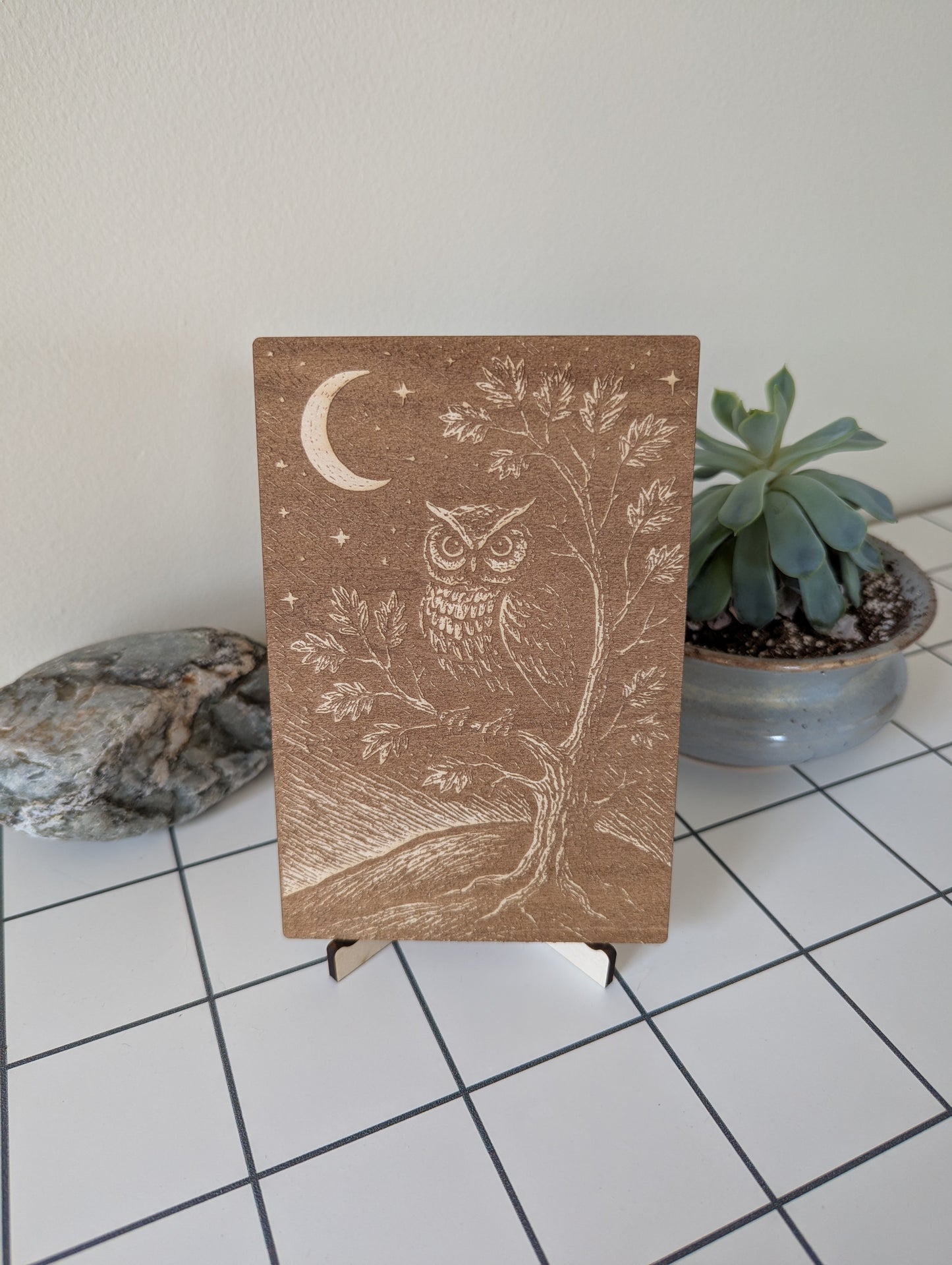 Owl and the Moon, Woodcut Engraving