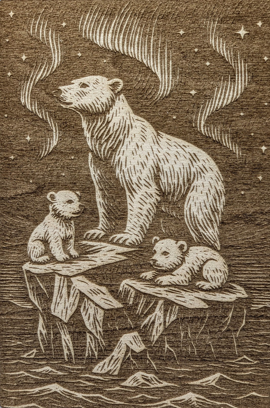 Polar Bear Aurora, Woodcut Engraving