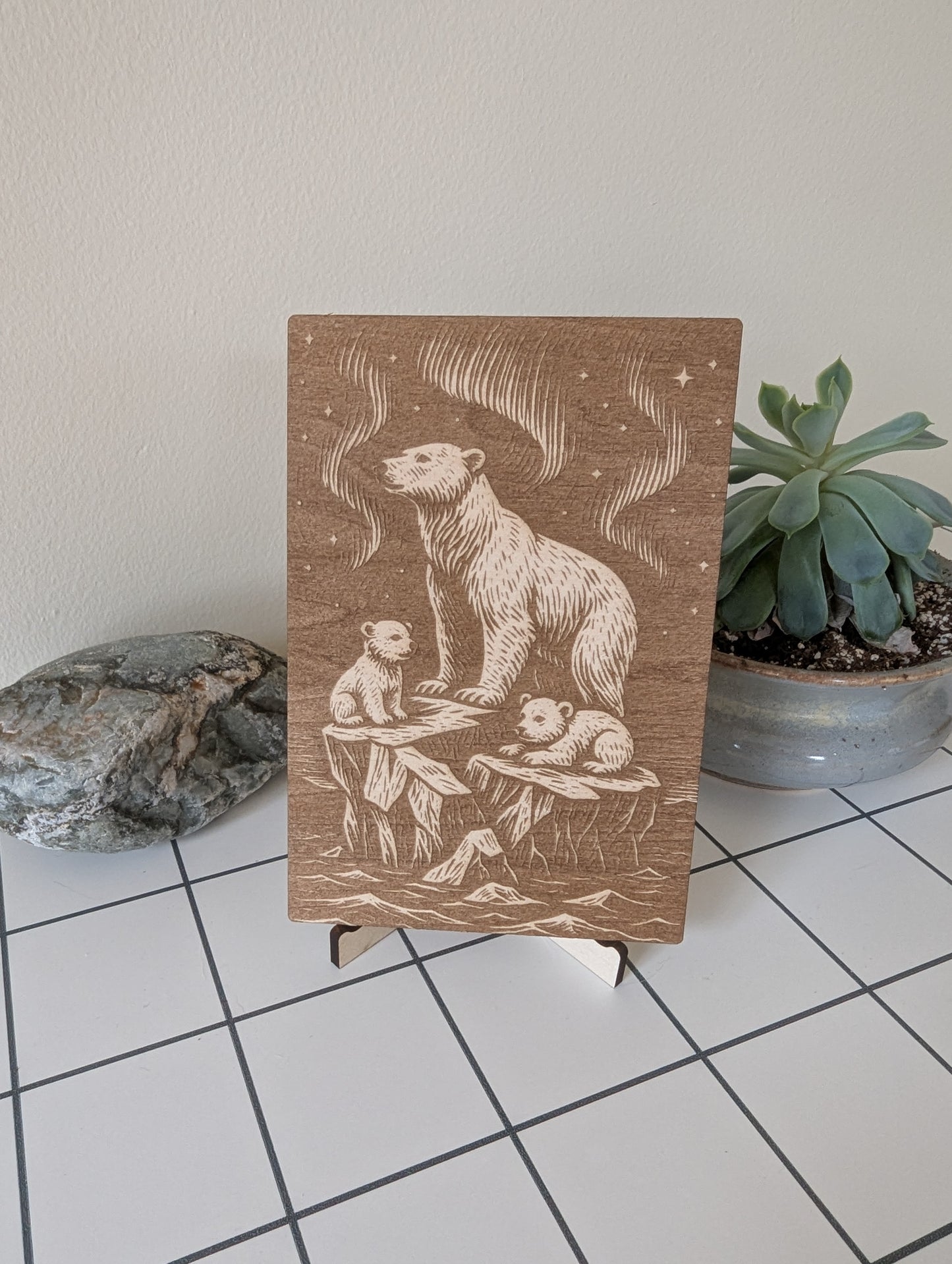 Polar Bear Aurora, Woodcut Engraving
