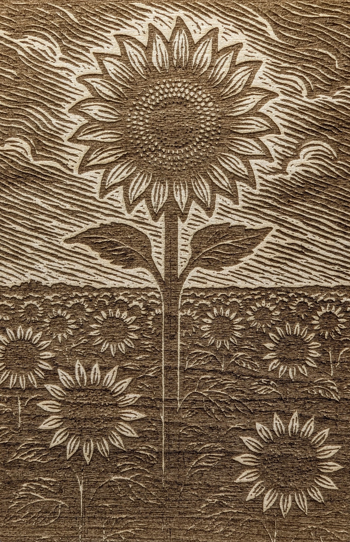 Sunflowers and the Sky, Woodcut Engraving