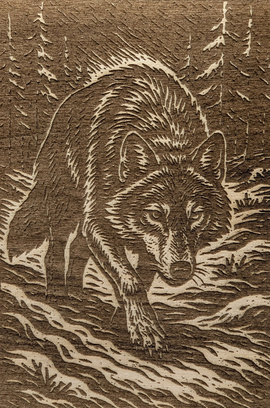 Wolf in the Woods, Woodcut Engraving